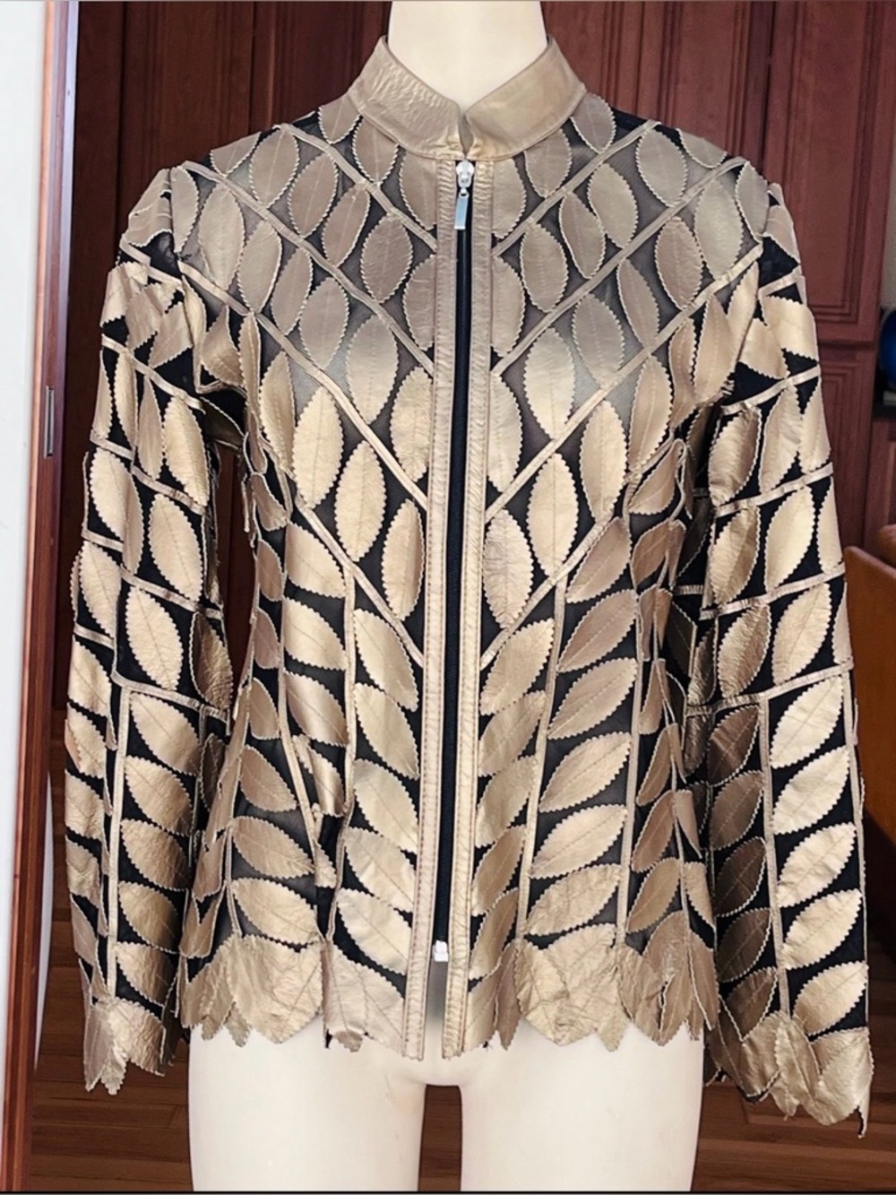 KANAR Metallic Gold Leather & Mesh Leaf Pattern Zip Jacket Sz Small made Turkey - Picture 4 of 8